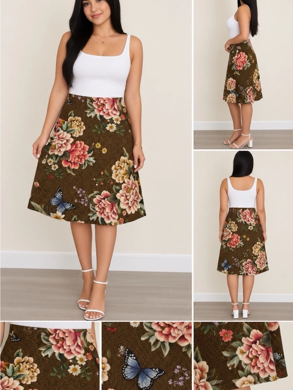 FARM RIO Brown Floral Print Midi
Skirt Size M Boho Flowy